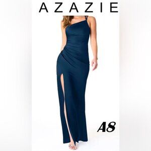 Azazie- - Eren Mermaid One Shoulder Stretch Satin Dress - Dark Navy. Size: A8.